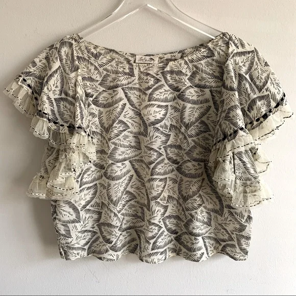 LoveShackFancy Celeste Top Moroccan Leaf Cream black ruffle sleeve - Picture 8 of 13